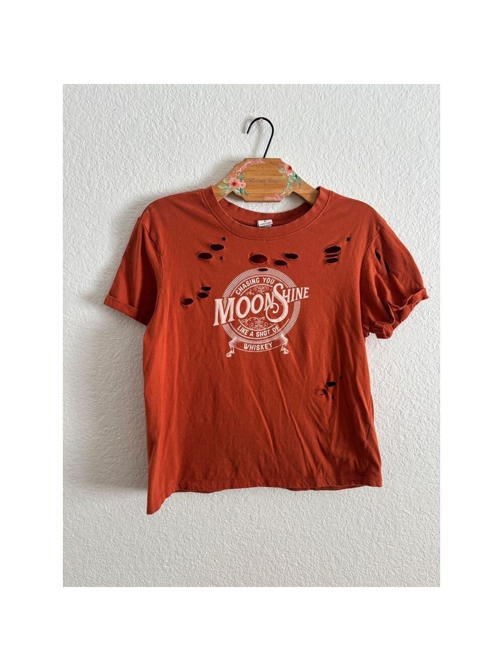 Darling Blue Moonshine Whiskey Graphic Tee Womens Large Rust Distressed